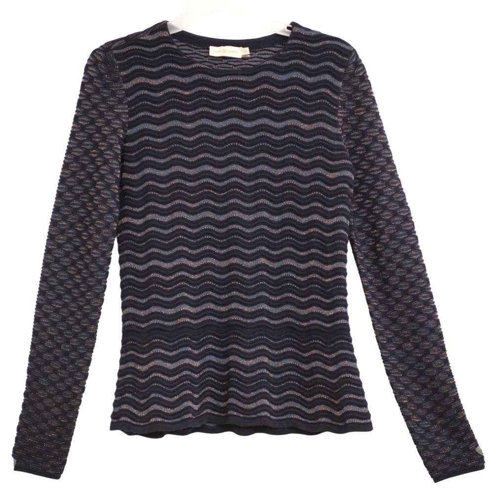 Tory Burch Sz S Navy Metallic Wavy Chevron Knit Chic Lightweight Sweater Ruffle